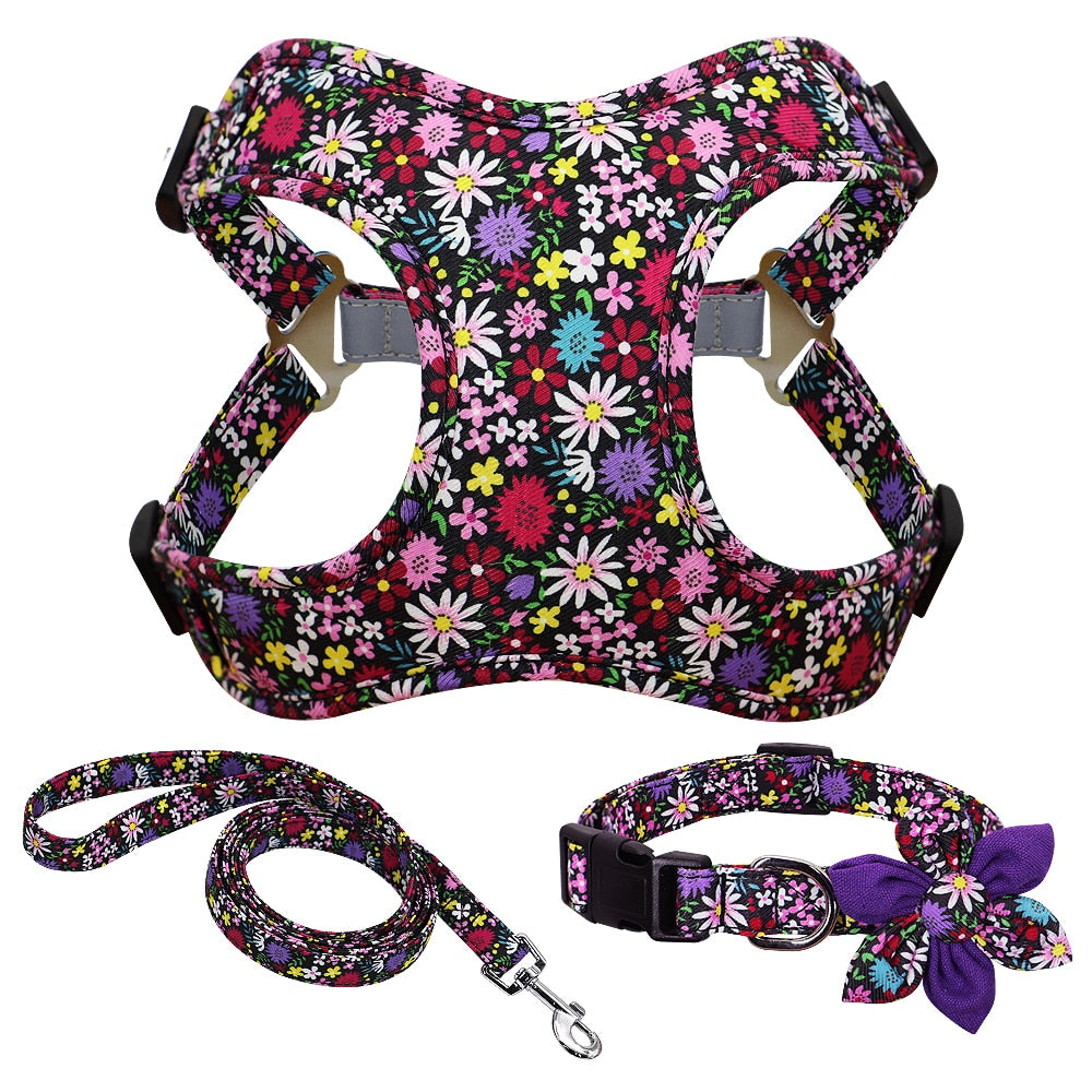 Dogs Harness-Flower Printed Dog Collar Harness